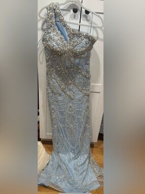 Light Blue One- Shoulder Beaded Evening Gown with Silver Embellishment
